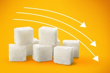 Ascending sugar cube graph with arrows indicating to reduce sugar intake and healthy nutrition.