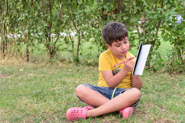 Young boy outdoors on the grass at backyard using his tablet computer. Educating and playing.