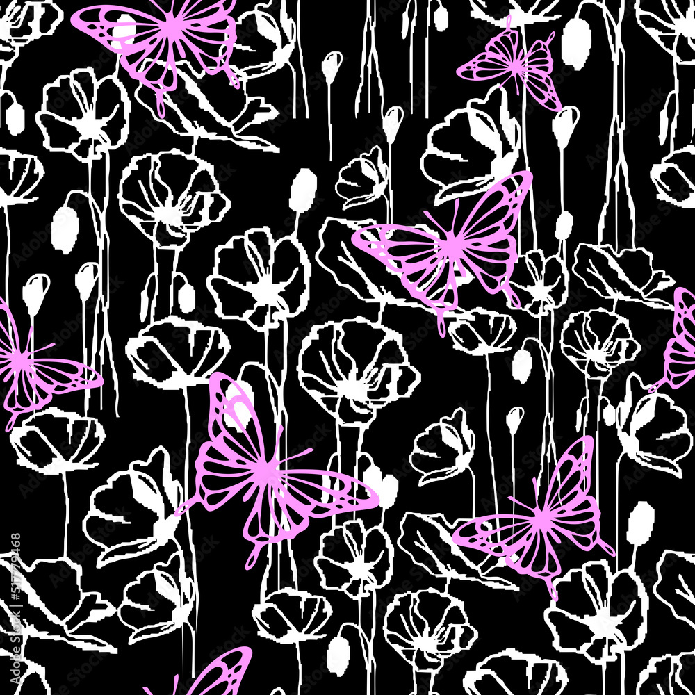 Wall mural black and white dynamic pattern of wild flowers with bright purple butterflies, seamless repeat patt