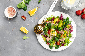 Salad with tuna, lettuce, cherry tomatoes, avocado and red onions. superfood concept. Healthy, clean eating concept. Vegan or gluten free diet. Top view