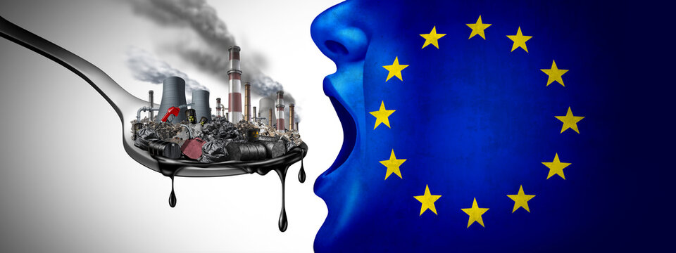 European Union Pollution and Polluted EU concept with fossil fuel and industrial toxic waste as the flag of Europe eating petroleum and dirty polluted energy as an environmental