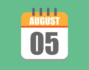 August day 5. Calendar icon for August. Vector illustration in orange and white on green background.