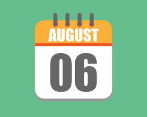 August day 6. Calendar icon for August. Vector illustration in orange and white on green background.