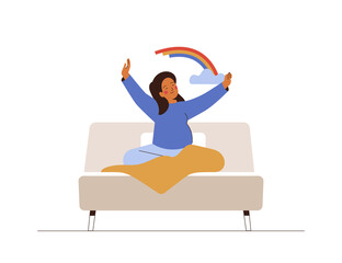Fototapeta premium Pregnant Woman awake from sleep in the morning. Happy female who waiting the baby get out of the cozy bed and stretching with good mood. Healthy lifestyle concept. Vector illustration