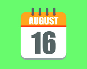 August day 16. Calendar icon for August. Vector illustration in orange and white on green background.