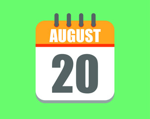 August day 20. Calendar icon for August. Vector illustration in orange and white on green background.