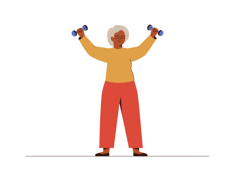 Elderly Woman Training With Dumbbells At Home. Senior Female Has Fitness Workout. Concept Of Healthy Sport Habits And Active Lifestyle. Vector Illustration.