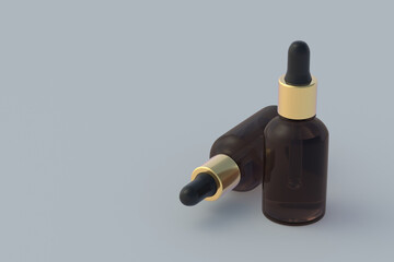 Skincare serum in dropper bottles on gray background. Copy space. 3d render