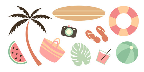 Summertime set of cute summer elements. Surfboard, palm, lemonade, camera, bag, ball, slippers, lifebuoy, watermelon. Doodle beach party illustration for postcard, poster, sticker, packaging, fabric.