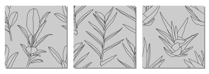 Set of trendy minimalist seamless botanical pattern with line art composition