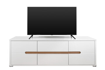 Flat screen TV on a white nightstand isolated on a white background
