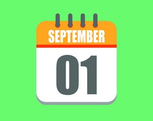 September day 1. Calendar icon for September. Vector illustration in orange and white on green background.