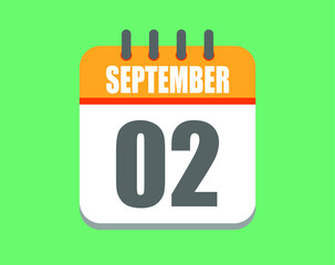 September day 2. Calendar icon for September. Vector illustration in orange and white on green background.