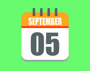 September day 5. Calendar icon for September. Vector illustration in orange and white on green background.