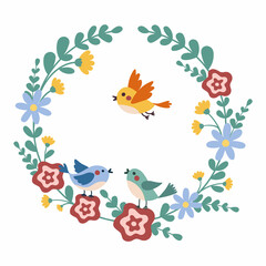 Beautiful flower frame with cute colorful birds. Vector illustration for postcards. 