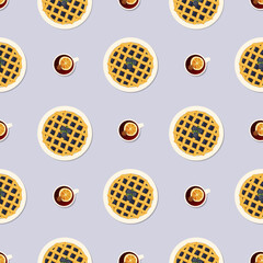 Blackberry vector hand drawn pie and a cup of citrus tea, top view seamless pattern