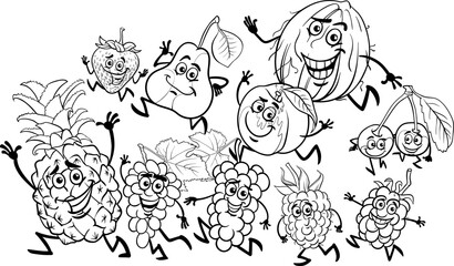 cartoon playful fruit characters group coloring page