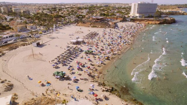 Aerial view of La Zenia, Orihuela during sunny summer day. Costa Blanca. Spain. Travel and tourism concept. Cinematic 4K
