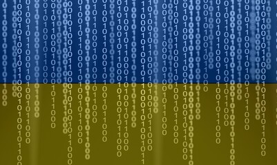 Ukraine blue and yellow bicolor flag matrix background generated on computer. Ukrainian IT or hacker concept