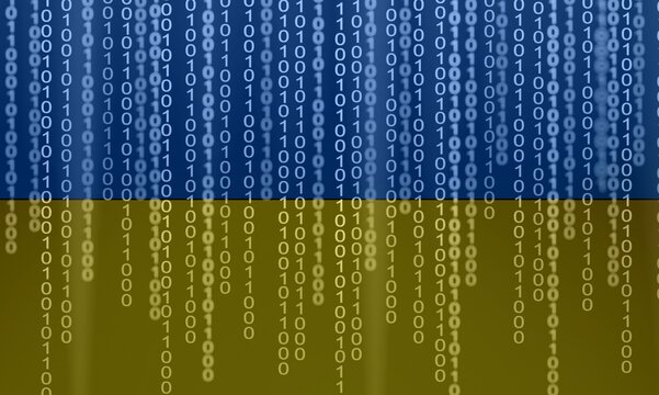 Ukraine blue and yellow bicolor flag matrix background generated on computer. Ukrainian IT or hacker concept - Powered by Adobe