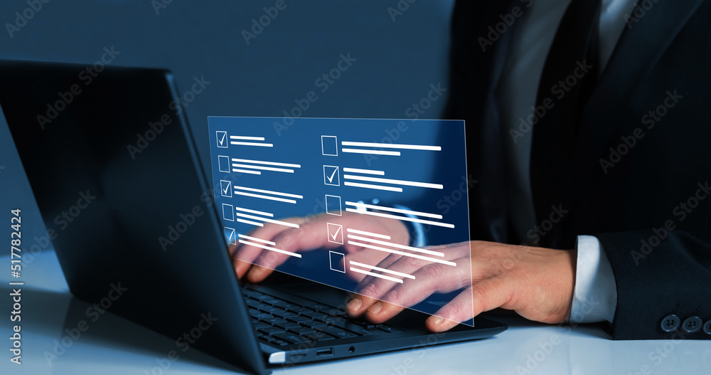 Fototapete Fast checklist and clipboard task management.Business productivity checklist and filling survey form online.	