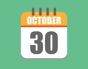 October day 30. Calendar icon for October. Vector illustration in orange and white on green background.