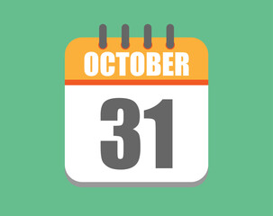 October day 31. Calendar icon for October. Vector illustration in orange and white on green background.