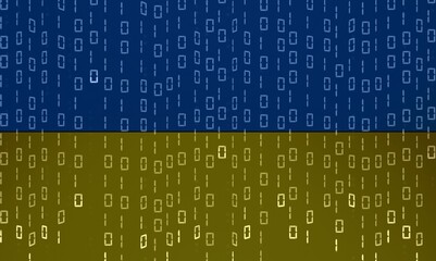Ukraine blue and yellow bicolor flag matrix background generated on computer. Ukrainian IT or hacker concept