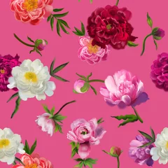 Plexiglas foto achterwand Hand-drawn botanical illustration. Seamless pattern with peonies. Pink, white, burgundy peonies. Realistic objects on a pink background. Delicate vintage print for greeting cards, wedding invitations © Галина Ярыгина