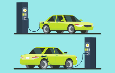 Electric modern car, side view. Green electric car at charging station. Electric car clean energy environment friendly. Vector illustration Eps10