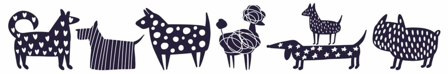 Naklejka premium Vector horizontal pattern with a collection of dogs drawn by hand