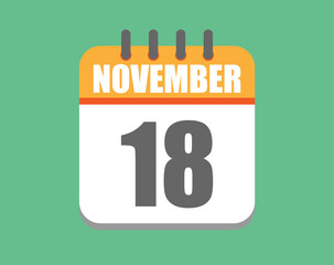 November day 18. Calendar icon for November. Vector illustration in orange and white on green background.