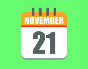 November day 21. Calendar icon for November. Vector illustration in orange and white on green background.