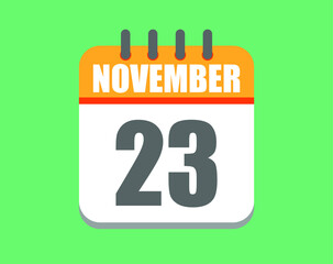 November day 23. Calendar icon for November. Vector illustration in orange and white on green background.