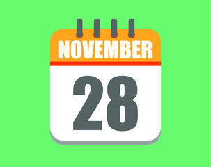 November day 28. Calendar icon for November. Vector illustration in orange and white on green background.