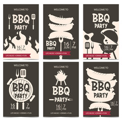 BBQ party banner or invitation for cookout picnic, holiday or weekend. BBQ party poster or flyer in beige, black and red colours with grilling meat, sausages on a fork, flame, charcoal smoke.