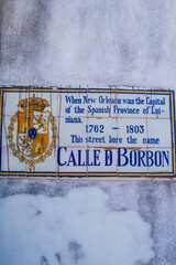 Beautiful Tile Sign on Bourbon Street Showcasing Spanish Colonial History in the French Quarter of New Orleans, Louisiana, USA