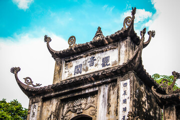 Bright Blue Sky and Clouds behind the Famous Entrance Gate Named Kitchen in the Sky at the Perfume Pagoda in Vietnam
