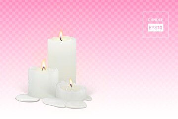 Set of realistic burning white candles on a transparent background. 3d candles with melting wax, flame and halo of light. Vector illustration with mesh gradients. EPS10.