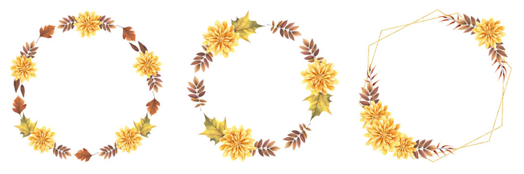 Watercolor autumn floral wreath. Frame with fall maple, rowan leaf and chrysanthemum flower. Botanical illustration for design thanksgiving card, invitation. Isolated on white background.
