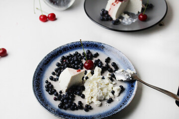 Dessert with seasonal blueberry berries. Cottage cheese with blueberries. Seasonal dessert summer vitamins proper nutrition . Homemade cottage cheese dishes. Protein
