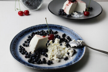 Dessert with seasonal blueberry berries. Cottage cheese with blueberries. Seasonal dessert summer vitamins proper nutrition . Homemade cottage cheese dishes. Protein