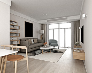 3d render. Modern living room bedroom.