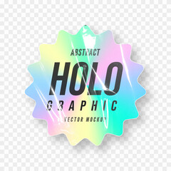Holographic sticker mockup, round shape. Paper holographic sticker and label with crumpled texture. Hologram sticker and patch with plastic texture. Vector