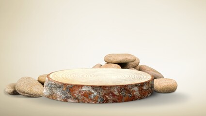 Wood podium with natural stones. Abstract podium for organic cosmetic products. Natural stand for...