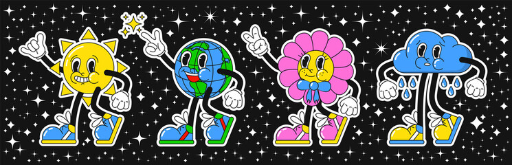 Cartoon characters in retro style: sun, planet earth, flower, cloud. funny colorful characters in doodle style.  Set of comic elements in trendy retro cartoon style.