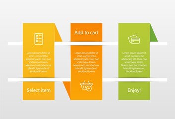 Concept of shopping process with 3 successive steps. Three colorful graphic elements. Timeline design for brochure, presentation, web site. Infographic design layout.