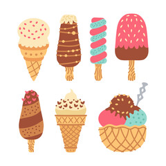 Set of different types of ice cream bar on a stick Isolated on white background. Collection of vector ice cream in waffle cones, popsicles, fruit ice, decorated with berries, chocolate or nuts.