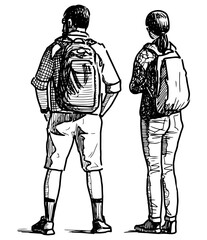 Outline hand drawing of couple tourists standing outdoors and looking
