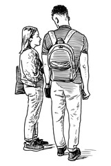 Sketch of students couple standing together outdoors on summer day